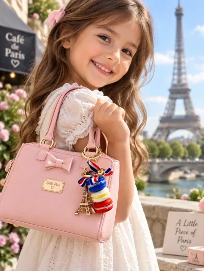 Little girl holding a pink handbag with Eiffel Tower macaron keyring and French flag bow