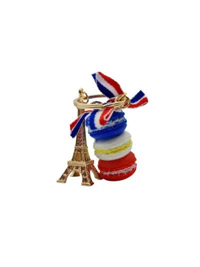Eiffel Tower macaron keyring with French flag bow and colourful macarons
