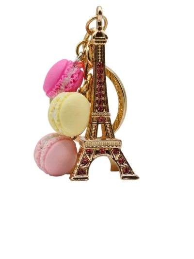 Gold-Eiffel-Tower-with-Mini-Macaron-Pink-Yellow-Rose-Keyring-Roneljake