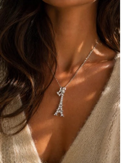 Silver-eiffel-tower-necklace-with-butterfly-charm-souvenir-jewelry-roneljake