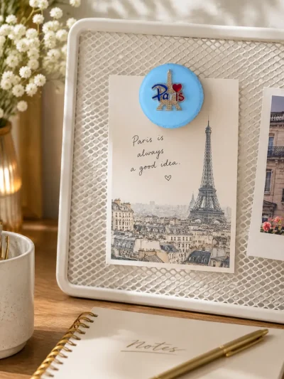 Blue French macaron Eiffel Tower fridge magnet