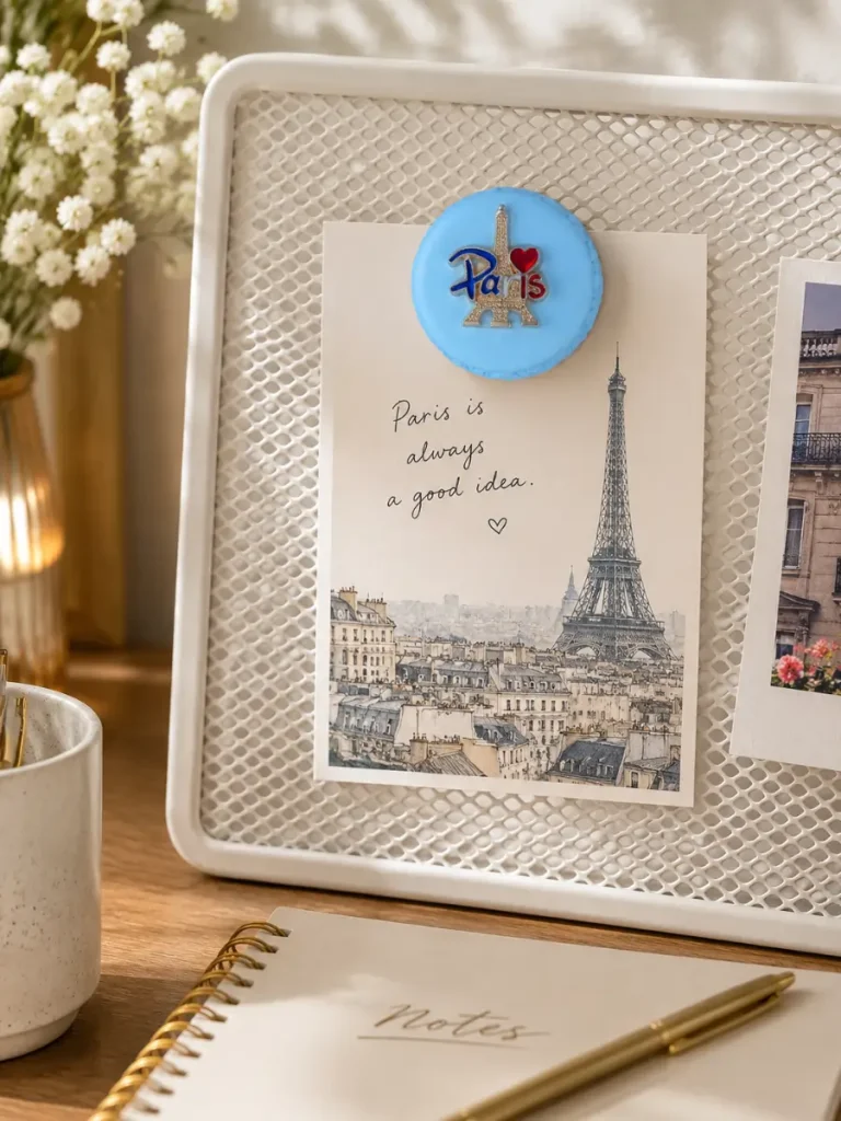 Blue French macaron Eiffel Tower fridge magnet