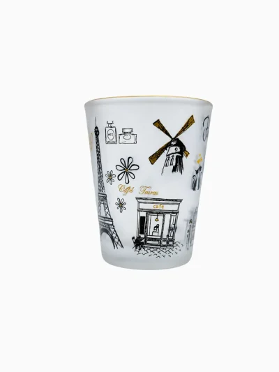 Paris fashion shot glass featuring a detailed Eiffel Tower graphic overlay for travel collectors