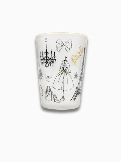 France themed souvenir spirit glass showcasing iconic Paris monuments in a premium graphic style.