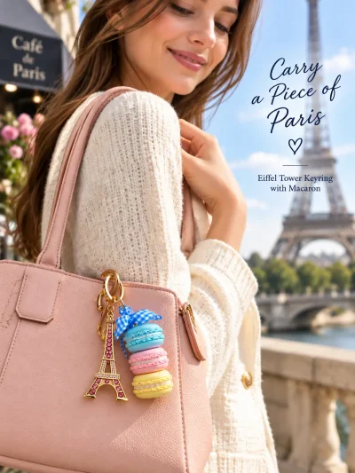 Sparkling-Eiffel-Tower-Keyring-with-Blue-Bowknot-and-Three-Macarons-roneljake