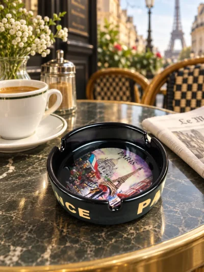 Paris souvenir ashtray with Eiffel Tower Sacré-Cœur and rainy street scene